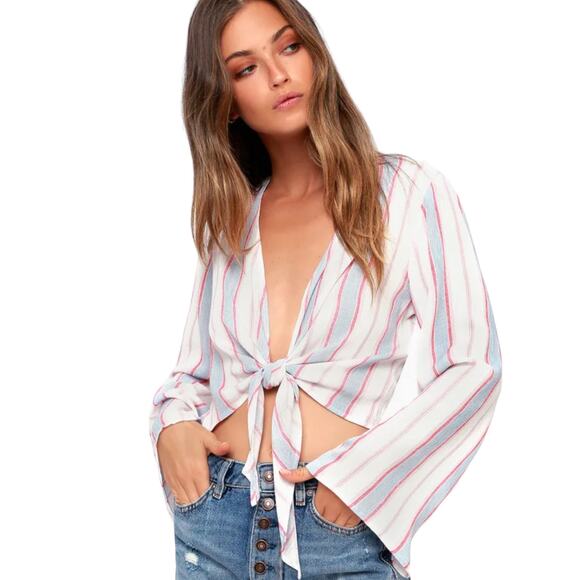 Lulus Pippi Pink Striped Tie-Front Bell Sleeve Top - Medium - Picture 2 of 13